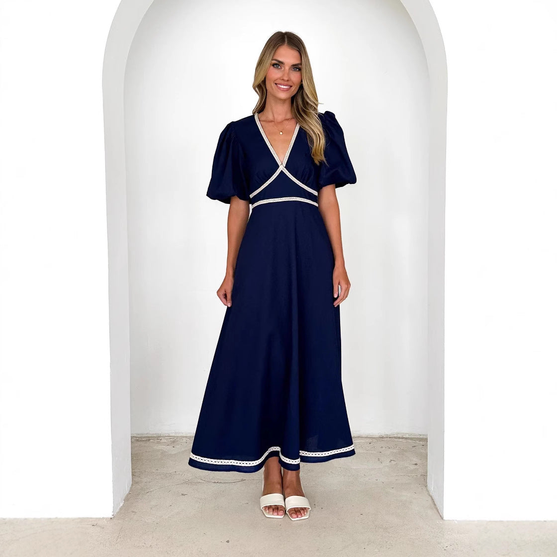 Orion Festliches Damenkleid Mit V-Ausschnitt Und Puffärmeln – Elegantes Kleid Für Hochzeitsgast Und Besondere Anlässe-2
