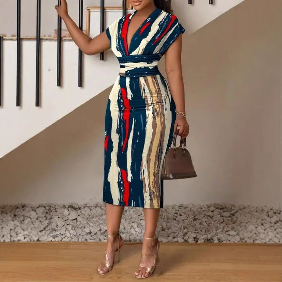 Lena Damen Midi Kleid - Slim Fit Bodycon V-Ausschnitt im Patchwork-Denim-Look für Sommercocktail-Events-6