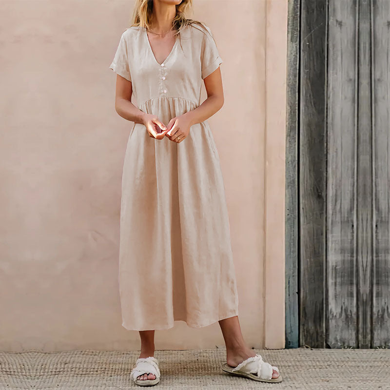 Lena Damen Midi Kleid - Lässiger V-Ausschnitt - Baumwollmischung - Perfekt für Sommerkleider-2