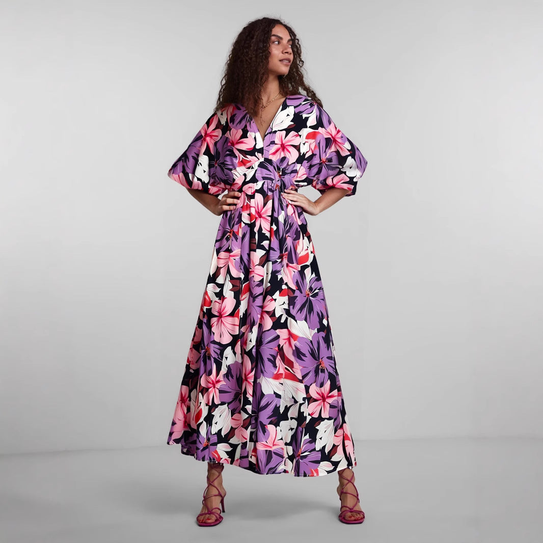 Lena Damen Midi Kleid - Hohe Taille, V-Ausschnitt, Breite Ärmel, Elegantes Sommerkleid für Hochzeitsgäste-1