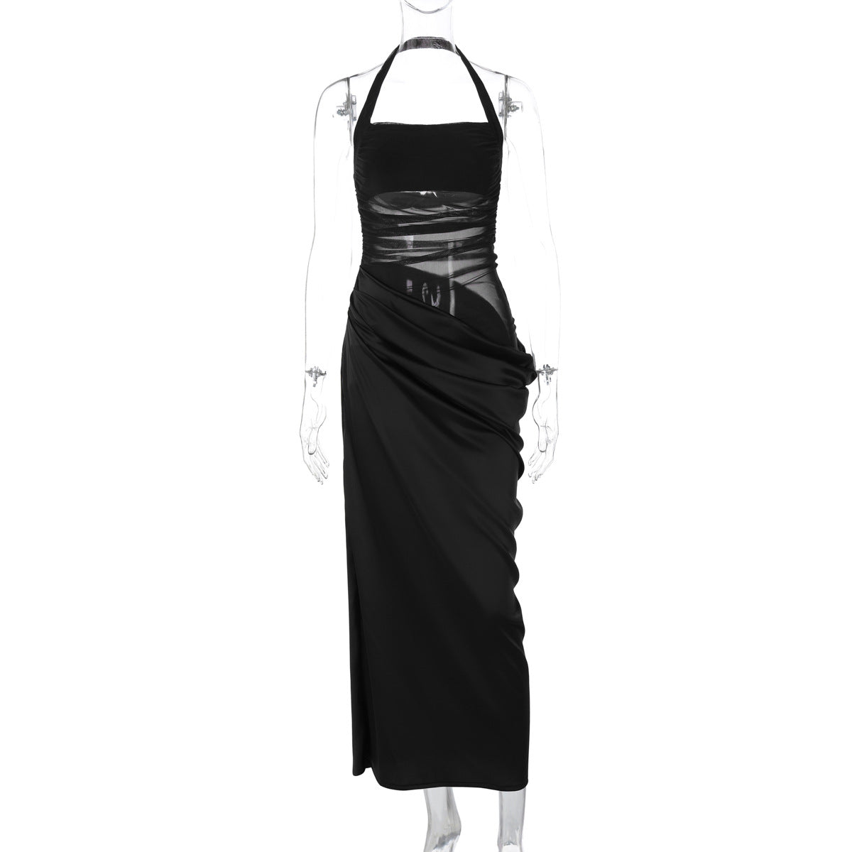 Variant image for Lena Maxikleid Sommer Damen - Elegantes Bodycon mit Halfterhals und Schieren Netzpaneelen für Abendmode-1