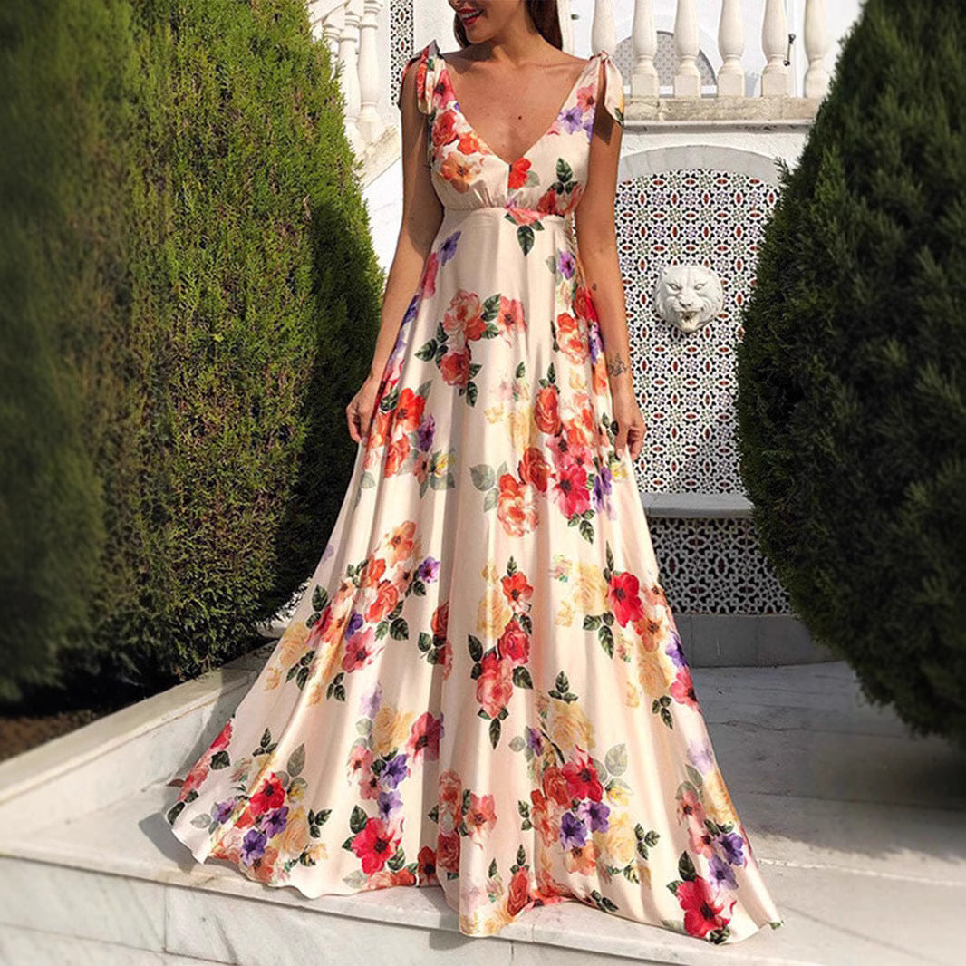 Variant image for Lena Maxikleid Sommer - A-Line Damen Kleid mit Blumendruck und Rückenfreiem V-Ausschnitt-1