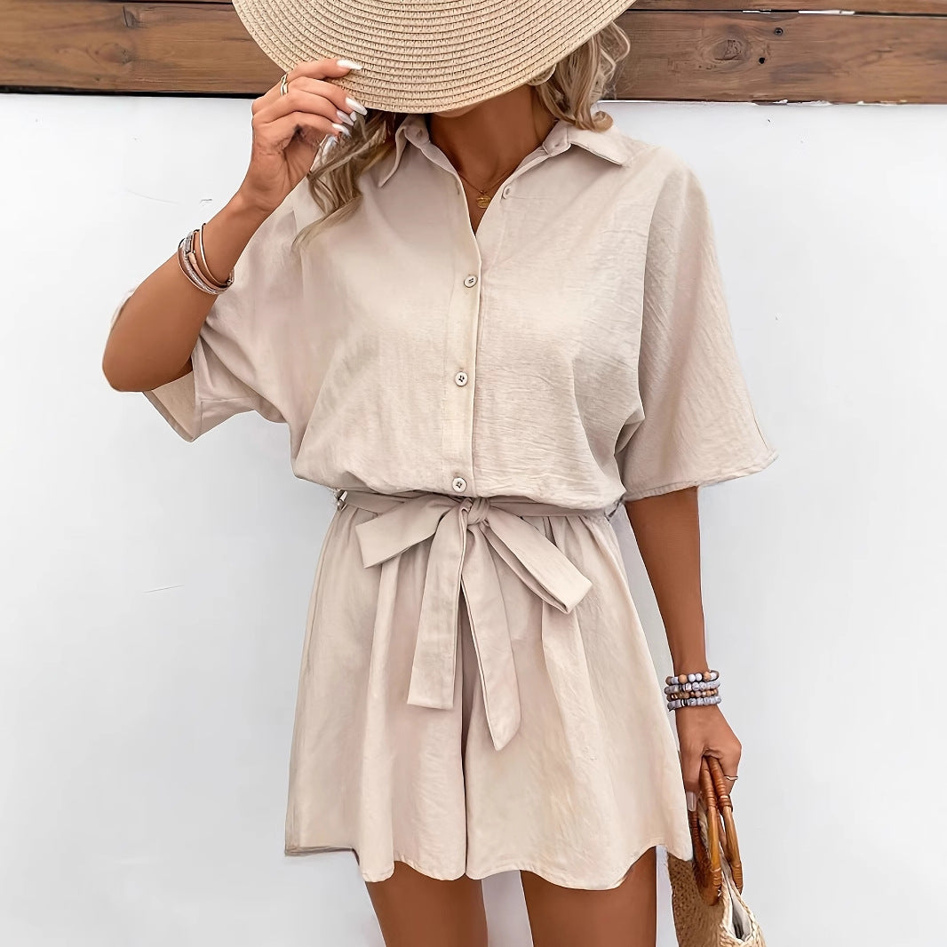 Lena Damen Strampler - Leichte Baumwollmischung Für Sommer, Kurze Ärmel, Button-Up, Casual Fit-2