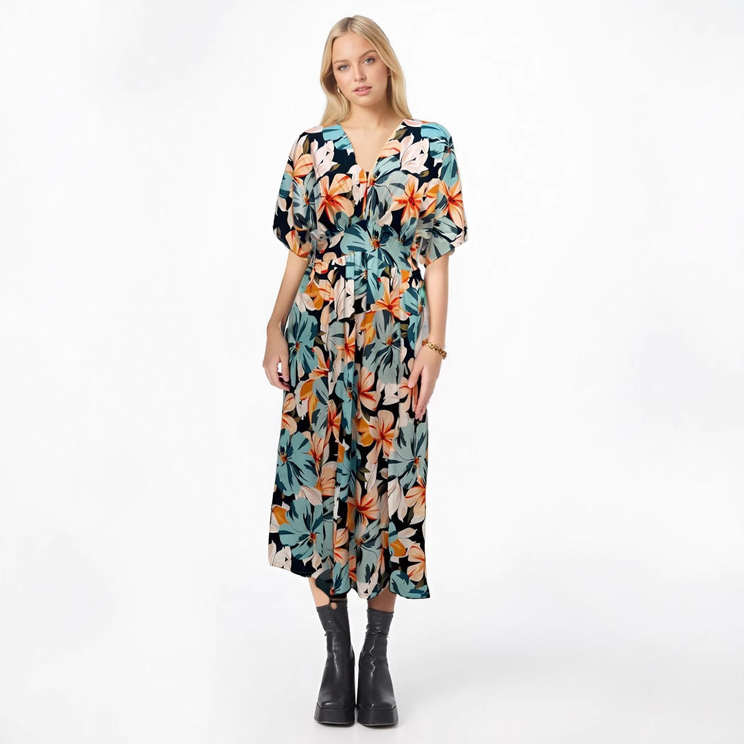 Variant image for Lena Damen Midi Kleid - Hohe Taille, V-Ausschnitt, Breite Ärmel, Elegantes Sommerkleid für Hochzeitsgäste-5