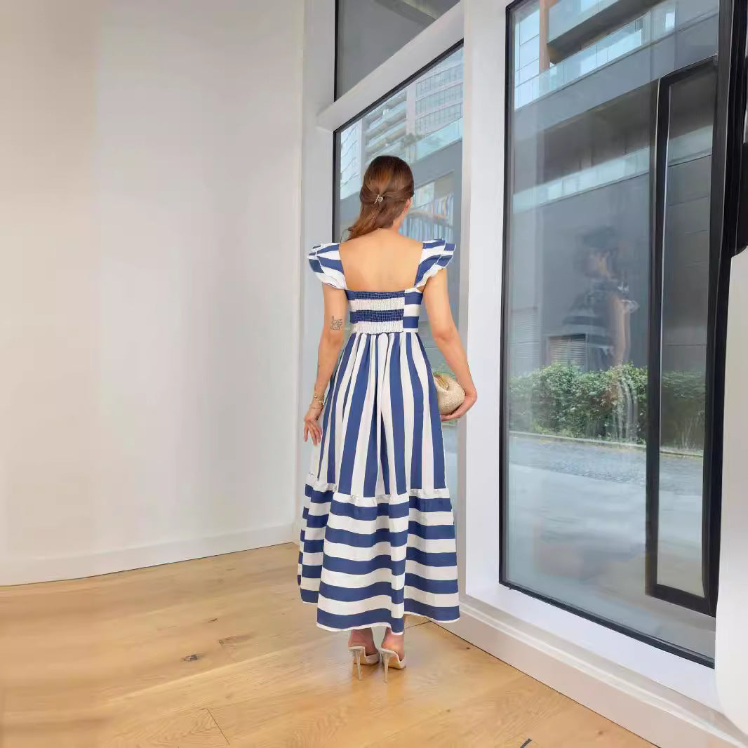 Lena Midi Kleid Damen - Baumwollmischung mit Rüschen, Gestreift, Off-Shoulder, Sommerkleider Damen-4