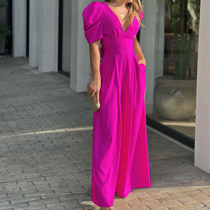 Variant image for Lena Damen Jumpsuit Festlich - Eleganter V-Ausschnitt, Weites Bein, Puffärmel, Ideal für Hochzeit und Abendveranstaltungen-5