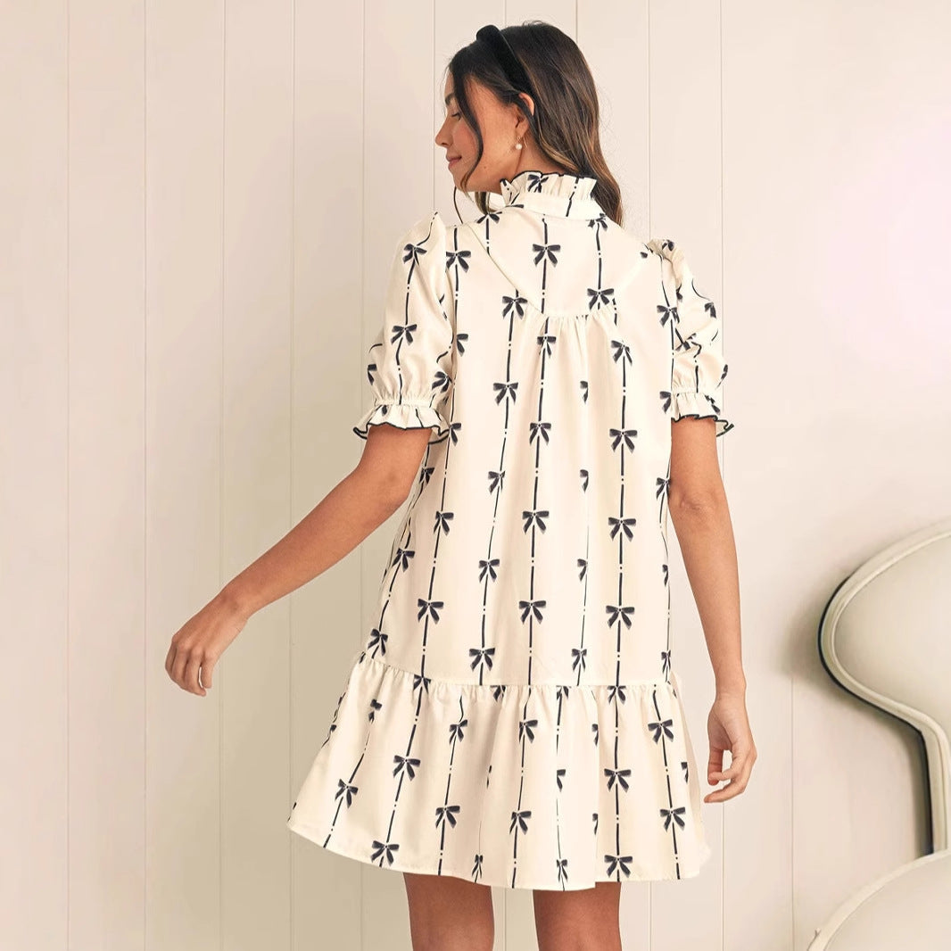 Damen A-Linien Kleid Weiß Größe M Baumwolle mit Puffärmeln und Bogendetail-3