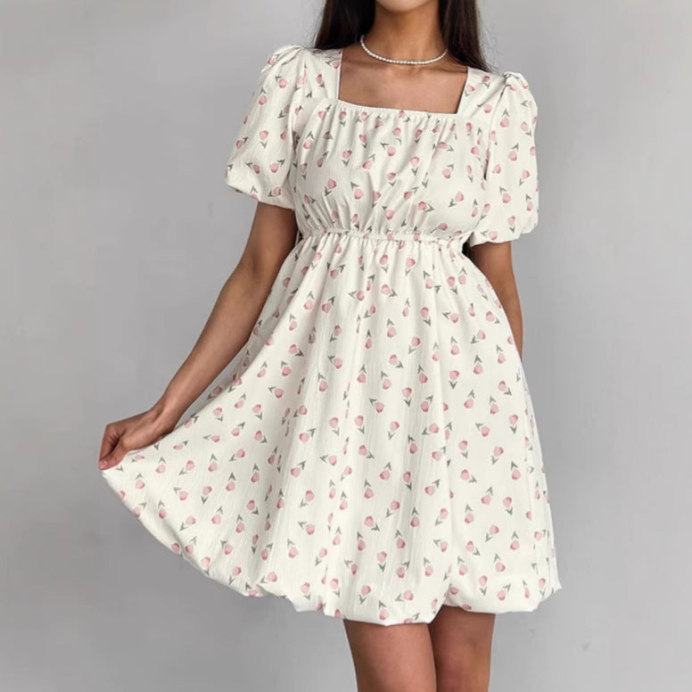 Damen A-Linien Kleid Blau Größe M Baumwollmischung mit Puffärmeln und Blumendruck-1