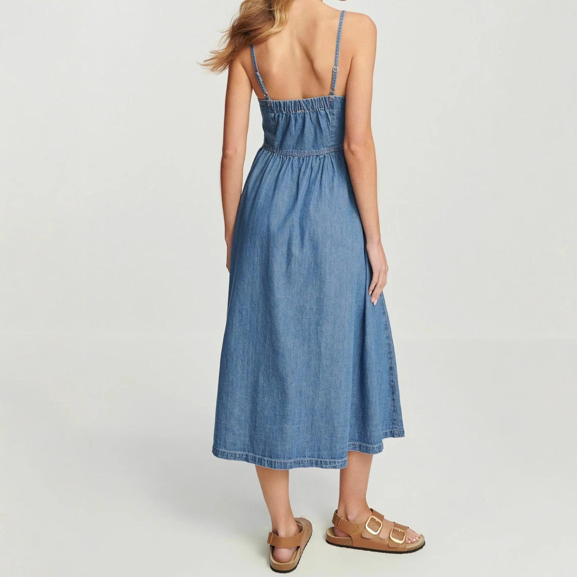 Lena Damen Midi Kleid aus Jeansstoff - A-Linie Spaghetti-Träger für Sommerkleider Damen-2