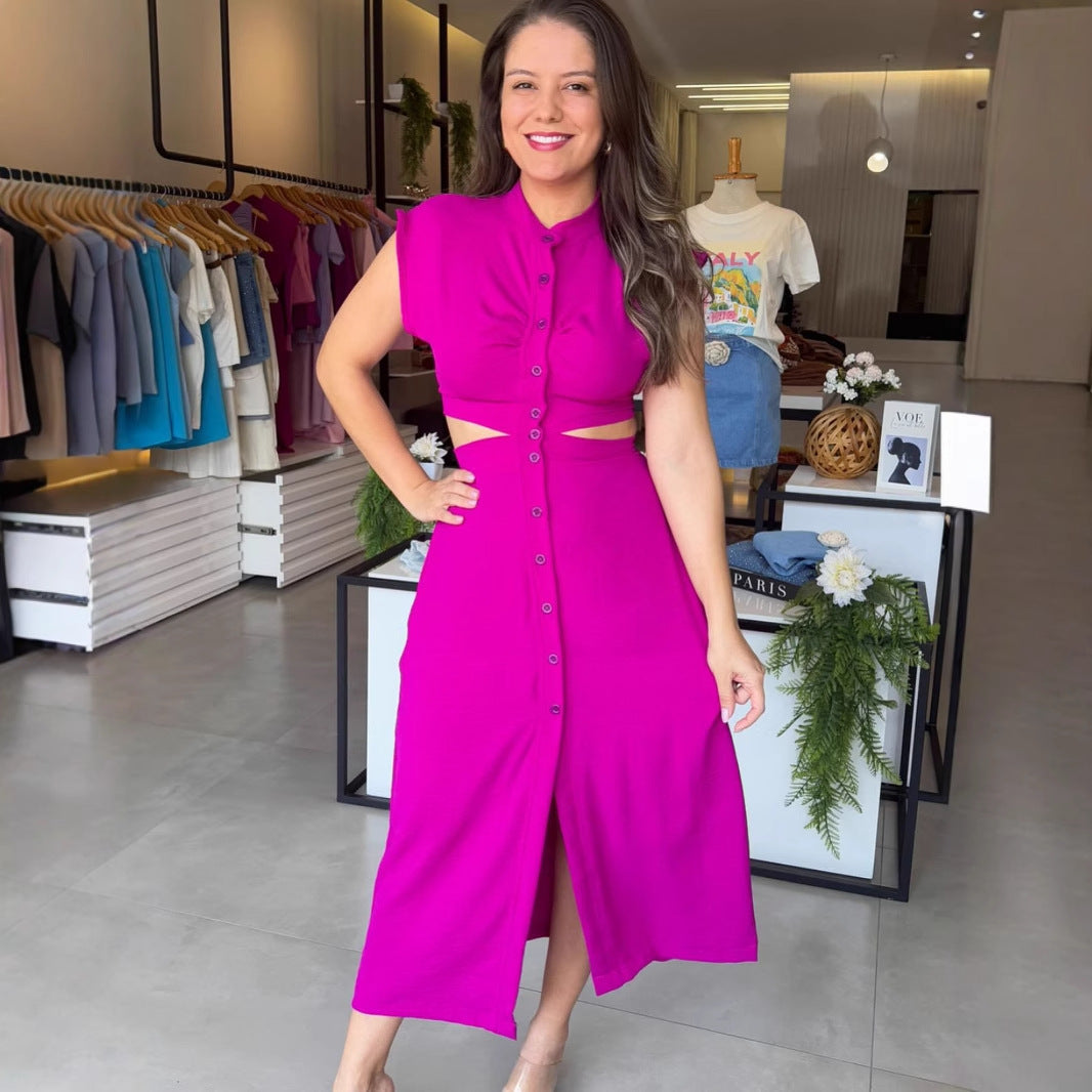 Lena Damen Midi Kleid - Slim Fit Ärmellos mit Knopfdruck für Sommer - Elegante Kleider Damen-2