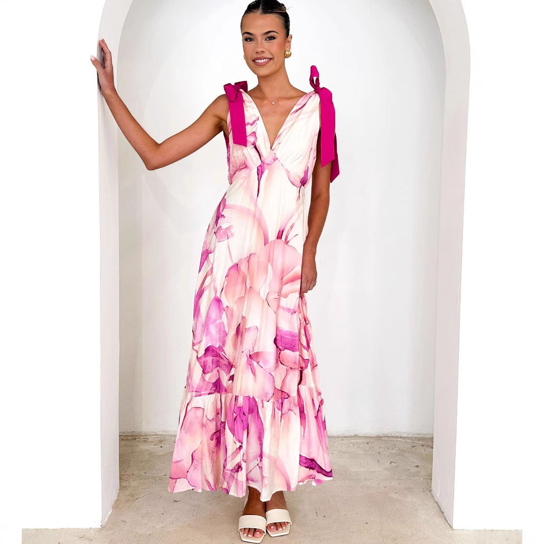 Variant image for Lena Maxikleid Sommer Damen - Ärmelos mit V-Ausschnitt und Krawattenschulter - Fließender Rock im Gedruckten Design-5