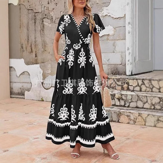 Orion Elegantes Maxikleid Sommer Damen - V-Ausschnitt Blumendruck A-Linie Baumwollmischung Lange Kleider für Freizeit-4