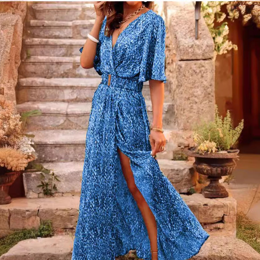 Lena Damen Maxikleid Sommer - Wickel V-Ausschnitt, Kurzarm, Gürtel Taille, Seitenschlitz, Elegantes Lange Kleid-4