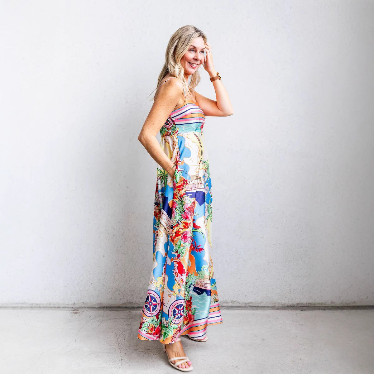 Orion Maxikleid Sommer Damen - Hohe Taille, Spaghetti-Träger, Fließender Urlaubstil-2