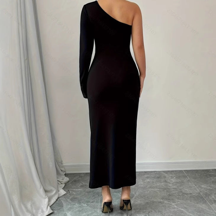 Damen Cocktailkleid Schwarz Größe M Polyester One-Shoulder mit Asymmetrischem Schlitz-3