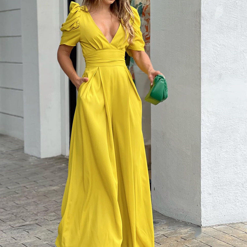 Lena Damen Jumpsuit Festlich - Eleganter V-Ausschnitt, Weites Bein, Puffärmel, Ideal für Hochzeit und Abendveranstaltungen-1