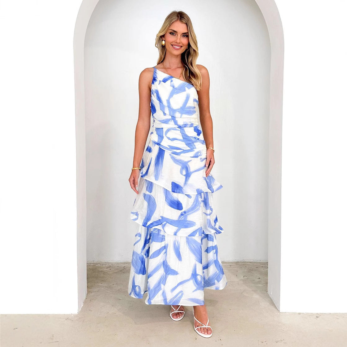 Variant image for Lena Ein Schulter Maxikleid Sommer Damen - Blumendruck Mit Abgestuften Rüschen, Elegantes Lange Kleid-13