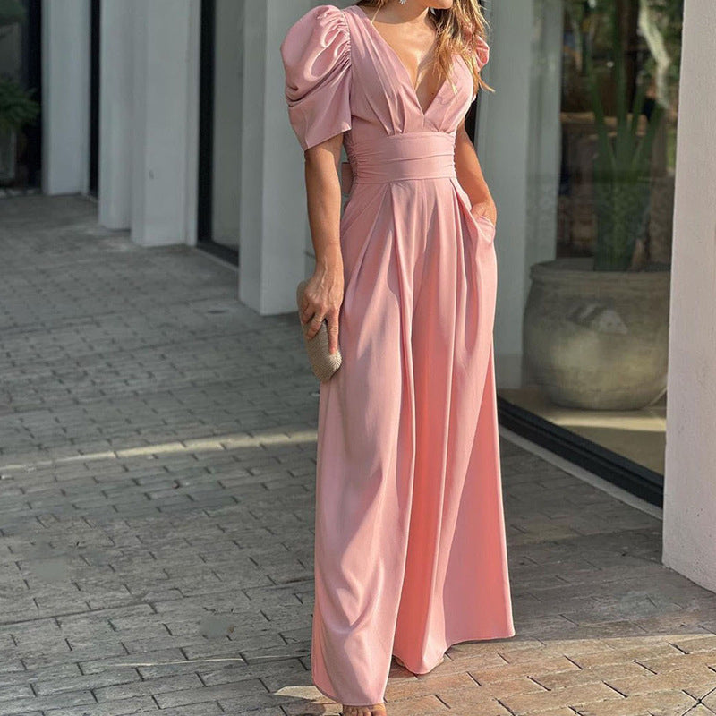 Lena Damen Jumpsuit Festlich - Eleganter V-Ausschnitt, Weites Bein, Puffärmel, Ideal für Hochzeit und Abendveranstaltungen-4