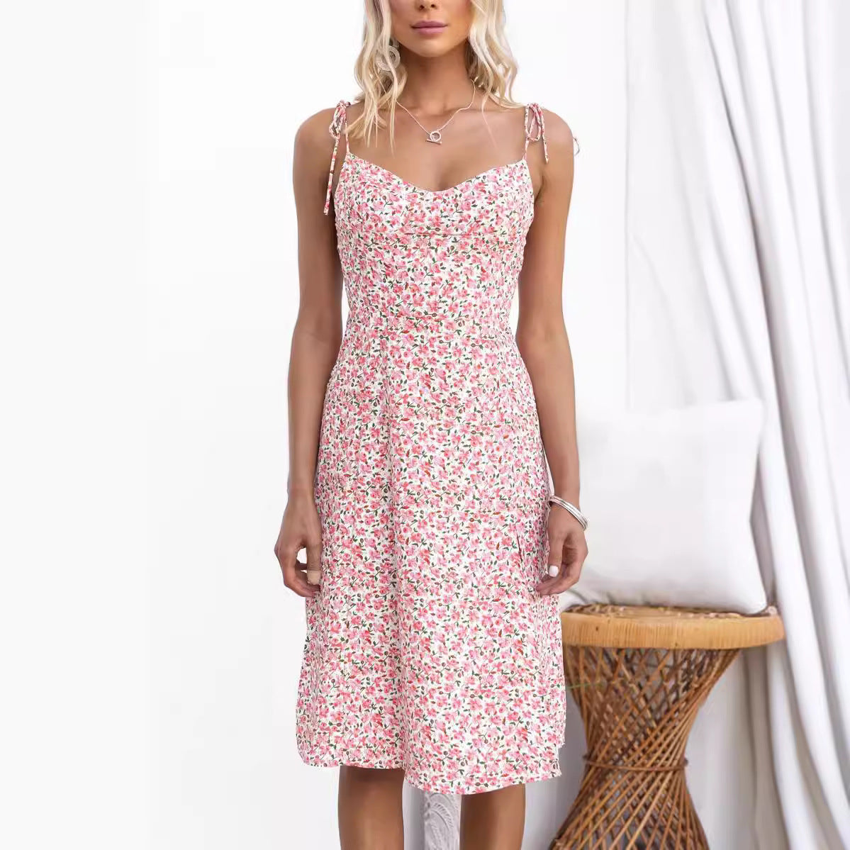 Lena Damen Midi Kleid - Slim Fit mit Blumendruck, V-Ausschnitt & Seitlichem Schlitz - Elegantes Sommerkleid-3
