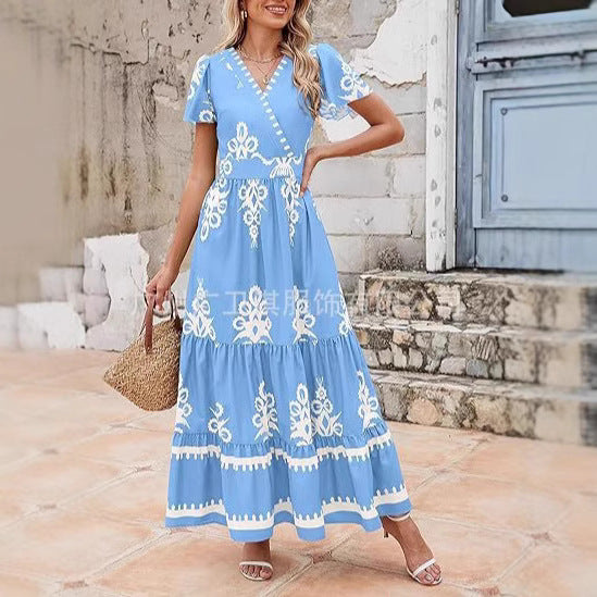 Variant image for Orion Elegantes Maxikleid Sommer Damen - V-Ausschnitt Blumendruck A-Linie Baumwollmischung Lange Kleider für Freizeit-17