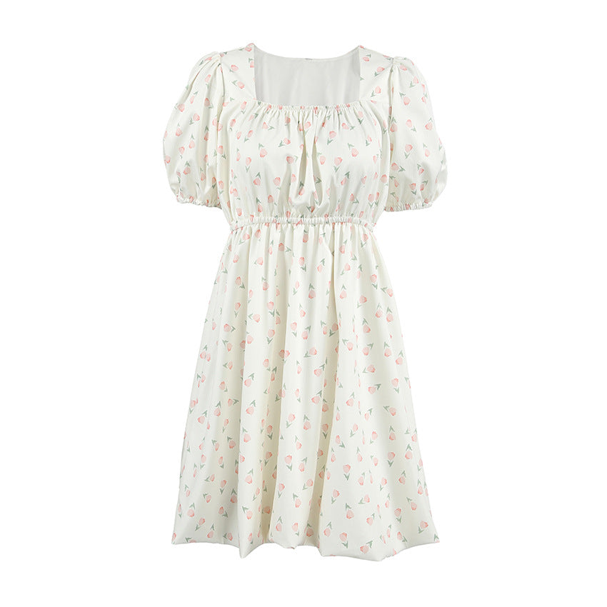 Damen A-Linien Kleid Blau Größe M Baumwollmischung mit Puffärmeln und Blumendruck-5