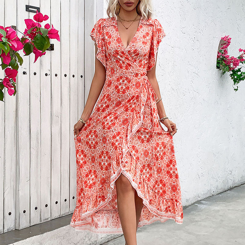 Elegante Lena Damen-Wrap-Kleid aus Baumwollmischung mit V-Ausschnitt und Rüschenärmeln-2
