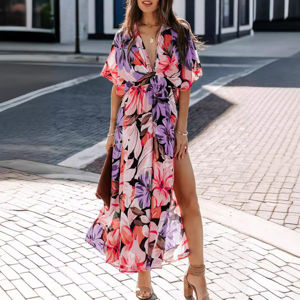 Lena Maxikleid Damen – Wickelkleid Mit V-Ausschnitt, Hohe Taille, Kurzarm, Blumenmuster Für Sommer-3