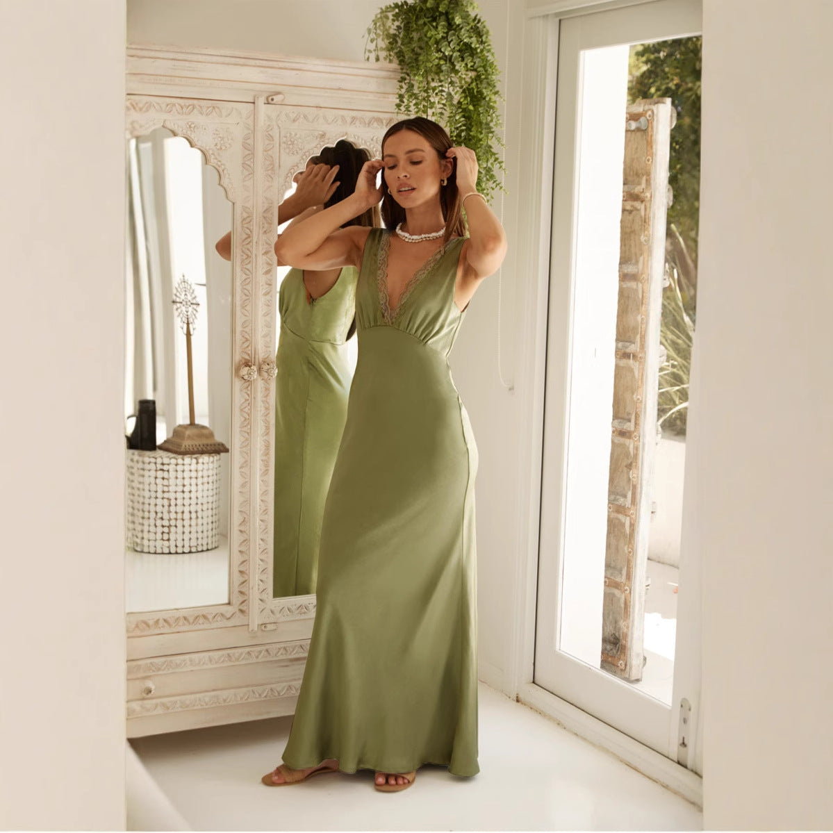 Orion Damen Abendkleid Lang Satin Slim Fit Ärmellos V-Ausschnitt mit Spitzenverkleidung für Hochzeiten und Elegante Anlässe-5