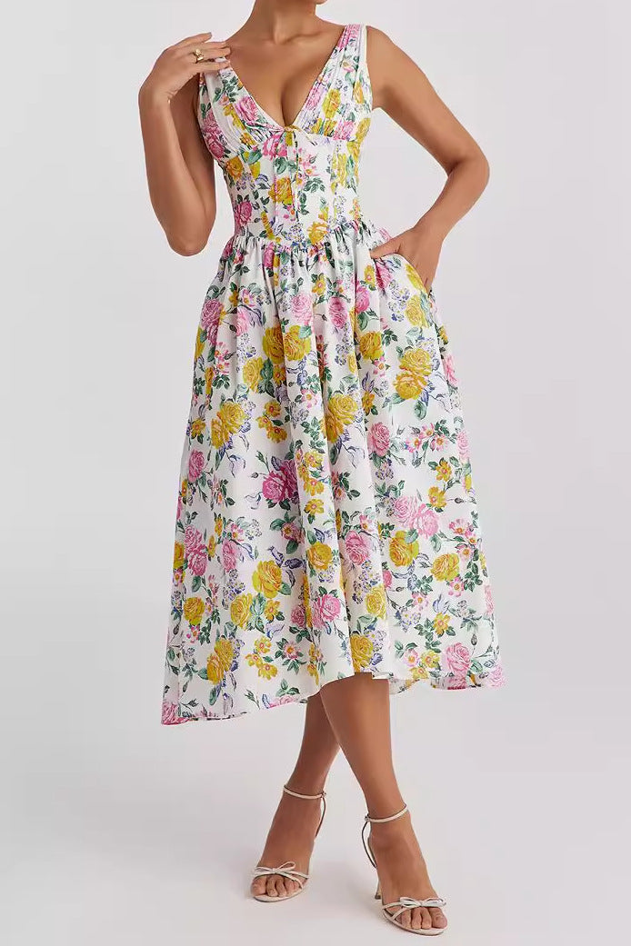 Variant image for Lena Ärmelloses Midi-Kleid V-Ausschnitt A-Line Blumendruck Damenkleid für Frühling und Sommer-2
