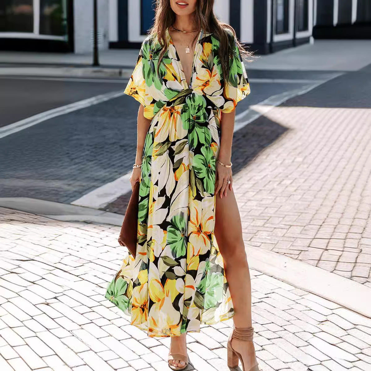 Lena Maxikleid Damen – Wickelkleid Mit V-Ausschnitt, Hohe Taille, Kurzarm, Blumenmuster Für Sommer-2