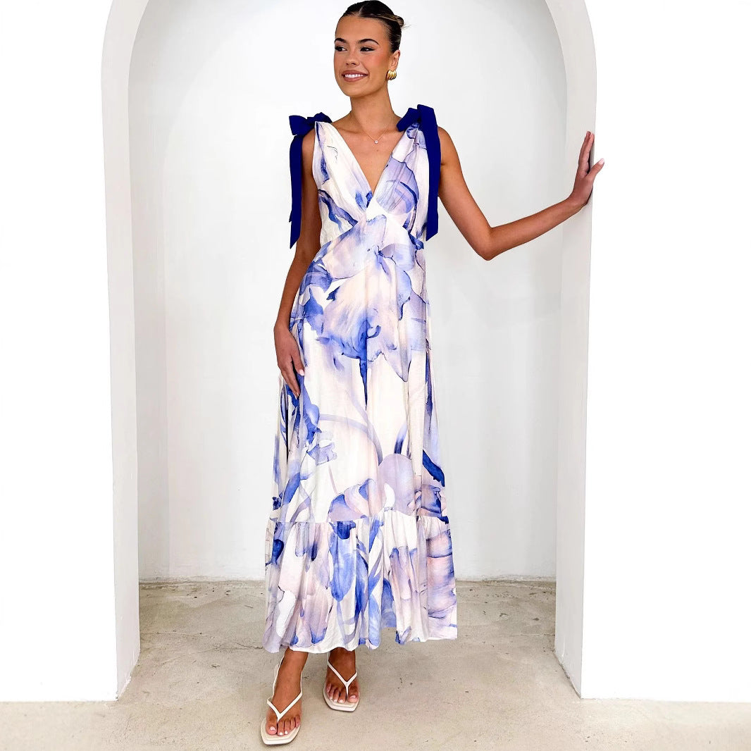 Lena Maxikleid Sommer Damen - Ärmelos mit V-Ausschnitt und Krawattenschulter - Fließender Rock im Gedruckten Design-5