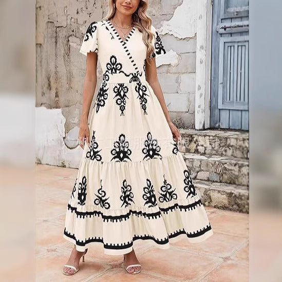 Variant image for Orion Elegantes Maxikleid Sommer Damen - V-Ausschnitt Blumendruck A-Linie Baumwollmischung Lange Kleider für Freizeit-1