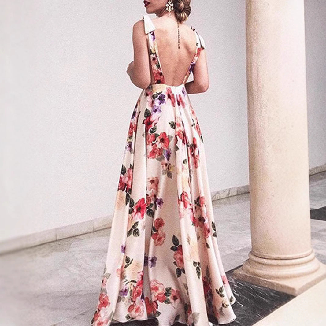 Lena Maxikleid Sommer - A-Line Damen Kleid mit Blumendruck und Rückenfreiem V-Ausschnitt-3