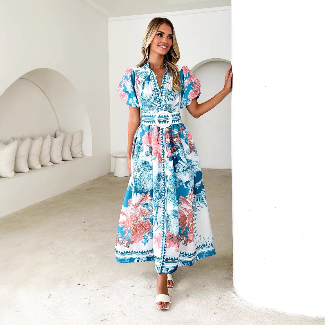 Variant image for Lena Maxikleid Damen Sommer - Puffärmel, Taillenkrawatte, Blumendruck, Ausgestellter Rock-1