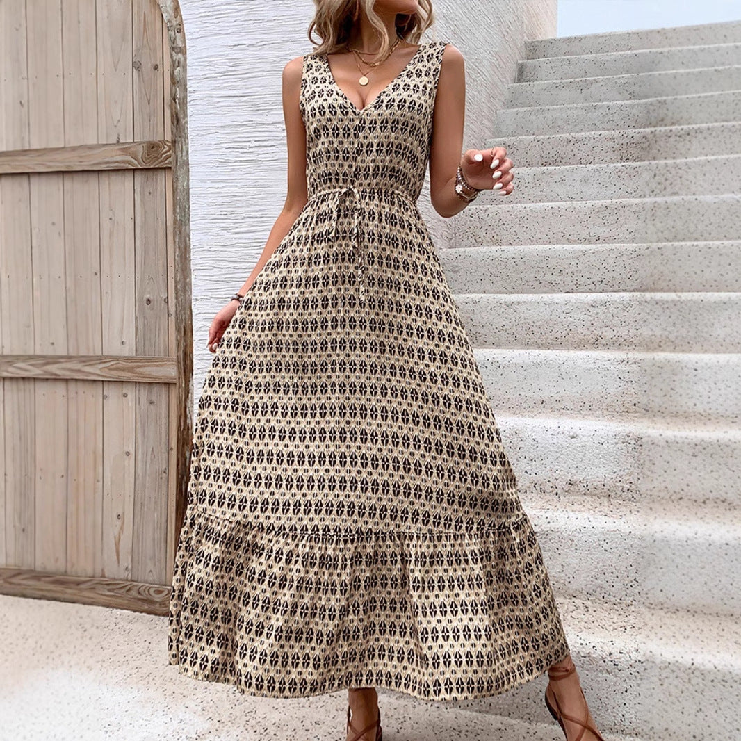 Lena Damen Midi Kleid - Ärmellos V-Ausschnitt Bohemian Print Sommerkleid für Freizeit und Urlaub-6