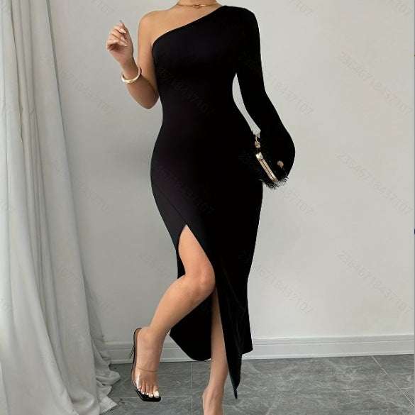 Variant image for Damen Cocktailkleid Schwarz Größe M Polyester One-Shoulder mit Asymmetrischem Schlitz-1