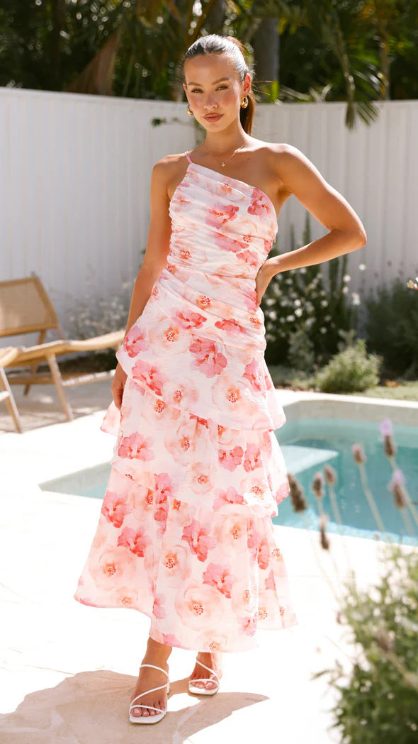 Variant image for Lena Ein Schulter Maxikleid Sommer Damen - Blumendruck Mit Abgestuften Rüschen, Elegantes Lange Kleid-1
