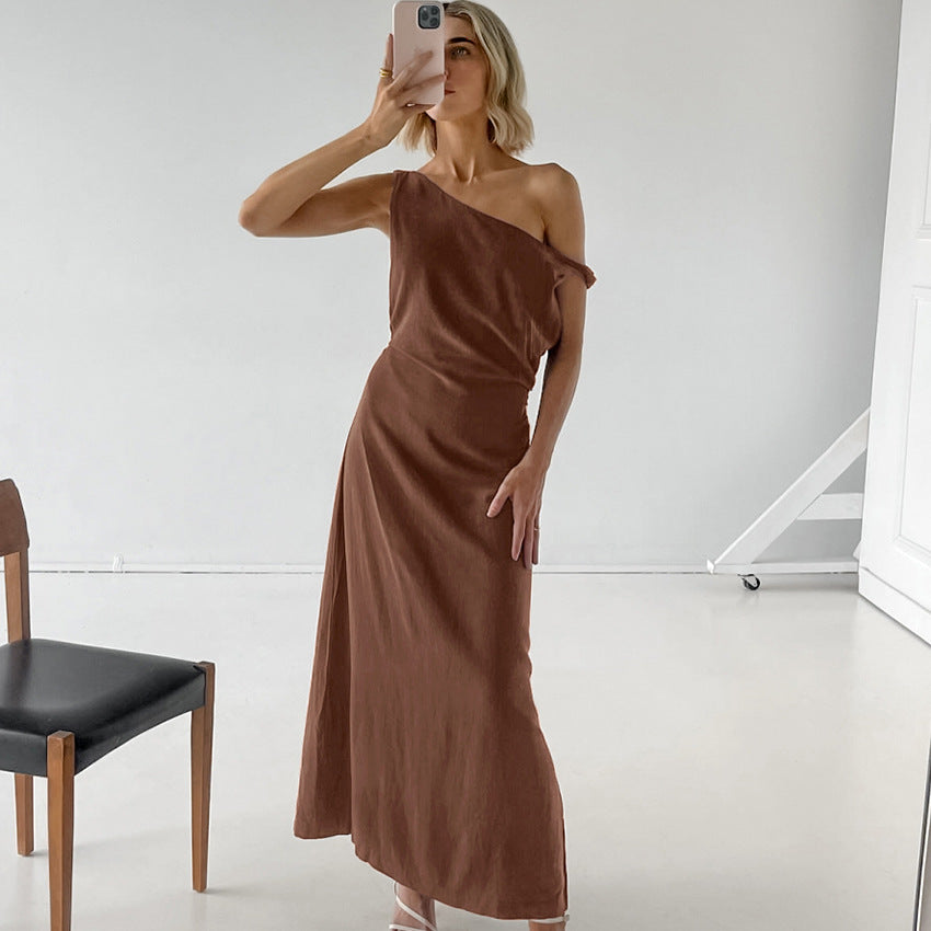 Damen One-Shoulder Kleid Beige Größe M Baumwoll-Leinen-Mischung - Elegantes Abendkleid für Hochzeitsgast und Sommerveranstaltungen-1
