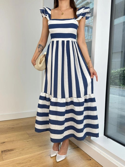 Variant image for Lena Midi Kleid Damen - Baumwollmischung mit Rüschen, Gestreift, Off-Shoulder, Sommerkleider Damen-1