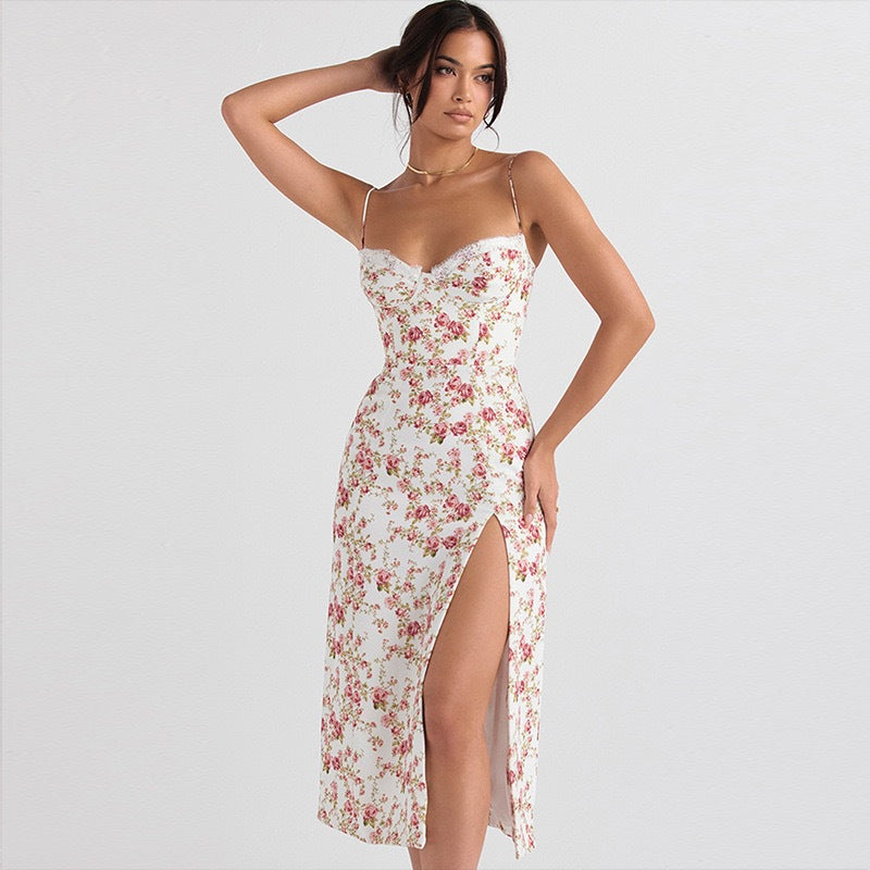 Lena Damen Midi Kleid - Blumendruck - Schatz Ausschnitt - Spaghetti-Träger - Sommerkleider Damen-5