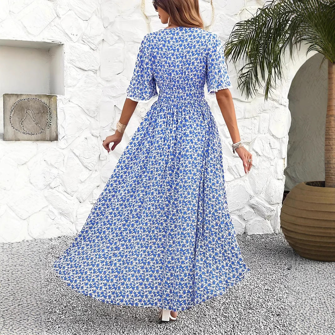 Lena Damen Midi Kleid - Blumendruck, V-Ausschnitt, Verstellbare Taille, Kurzarm, Perfekt für Sommerkleider und Freizeit-4