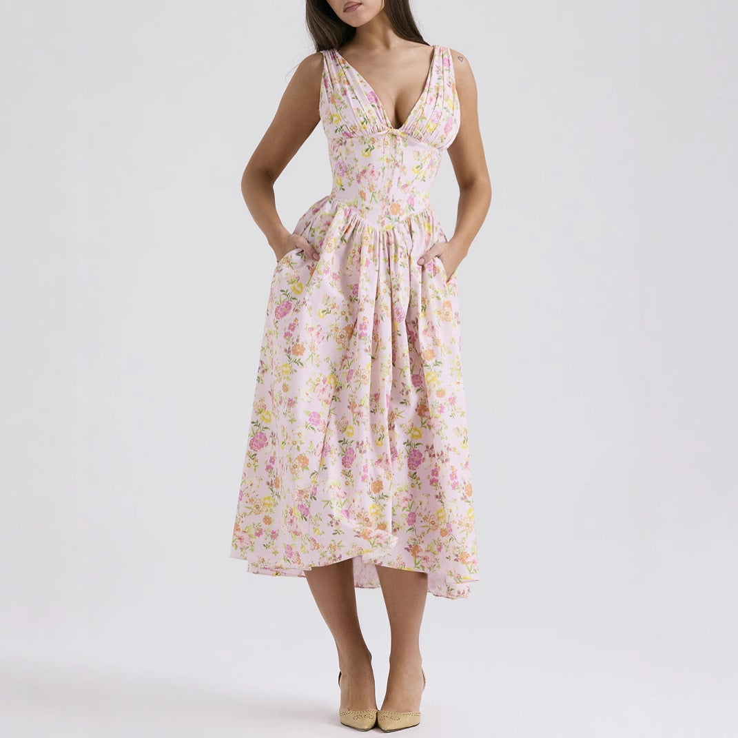 Lena Ärmelloses Midi-Kleid V-Ausschnitt A-Line Blumendruck Damenkleid für Frühling und Sommer-5