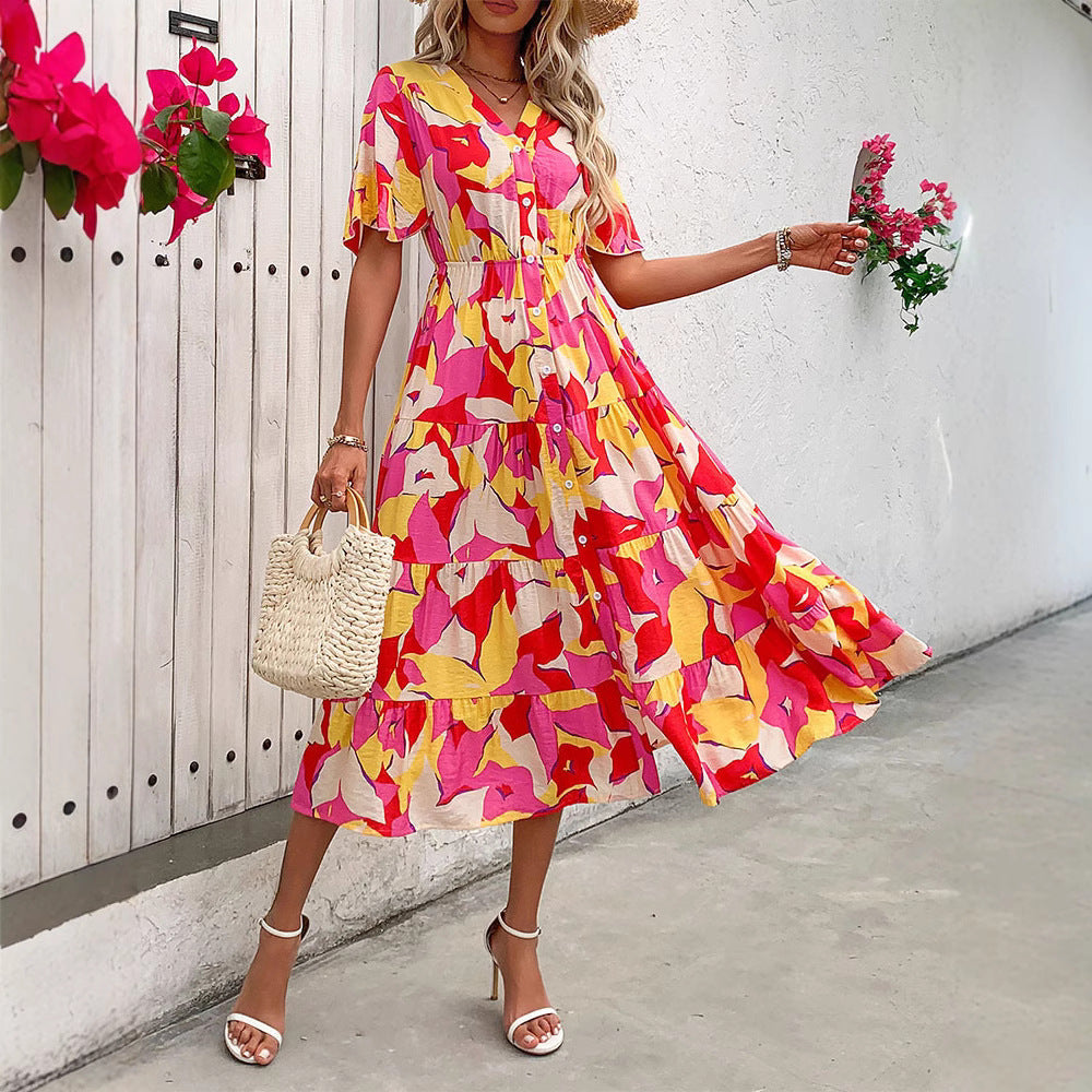 Variant image for Lena Damen A-Linie Midi Kleid Sommerkleider mit Gekräuselten Ärmeln und Abstraktem Druck-1
