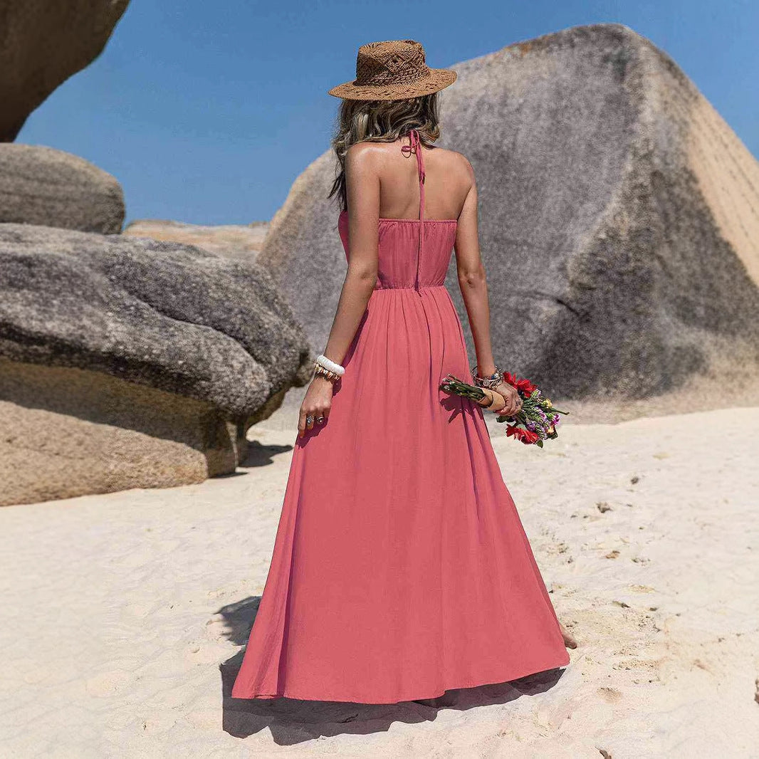 Lena Maxikleid Sommer Damen - Leichte Baumwolle mit Halfterhals und Seitenschlitz, Elegantes Lange Kleid für Frühling/Sommer-3