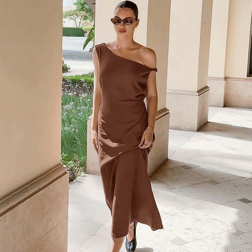 Damen One-Shoulder Kleid Beige Größe M Baumwoll-Leinen-Mischung - Elegantes Abendkleid für Hochzeitsgast und Sommerveranstaltungen-3