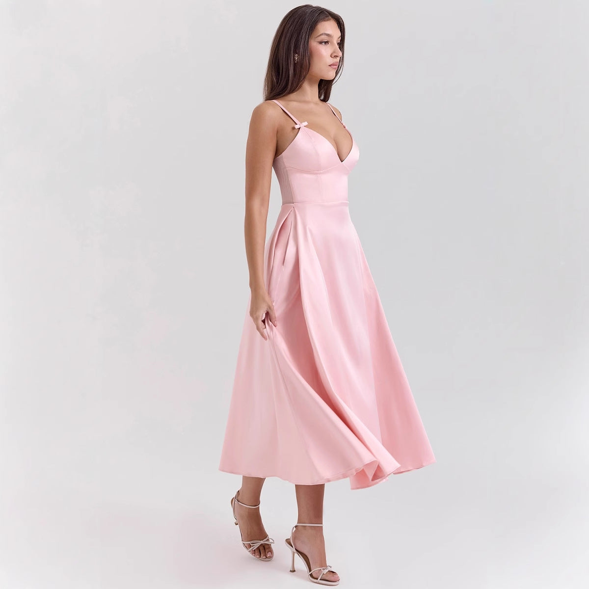 Orion Elegantes Satin-Kleid Damen - V-Ausschnitt Spaghetti-Träger A-Linie Festliches Kleid für Hochzeitsgast-3