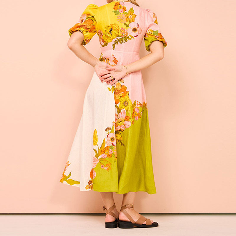 Lena Damen Midi Kleid - Flared A-Line mit Puffärmeln und Ethnischem Blumendruck für Sommerkleider-2