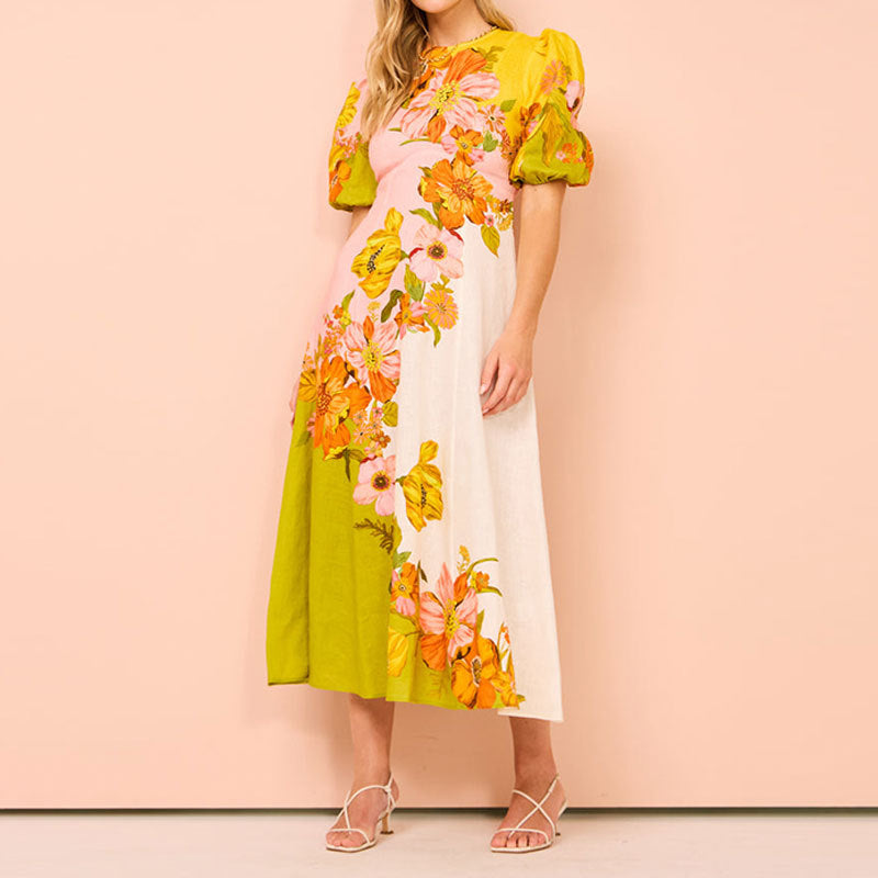 Lena Damen Midi Kleid - Flared A-Line mit Puffärmeln und Ethnischem Blumendruck für Sommerkleider-1