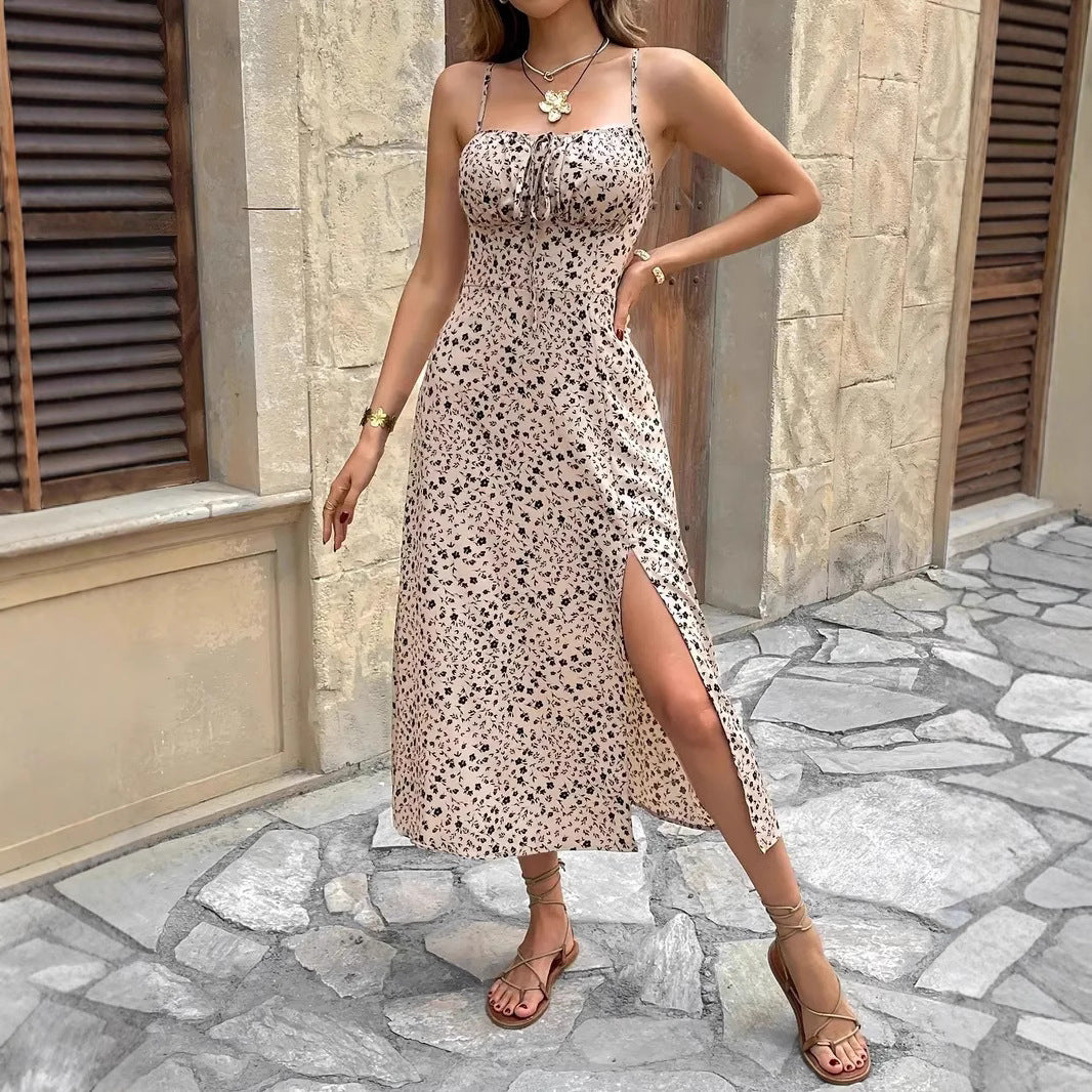 Lena Damen Midi Kleid - Slim Fit - Spaghetti-Träger - Blumendruck - Seitenschlitz - Sommerkleid für Damen-3