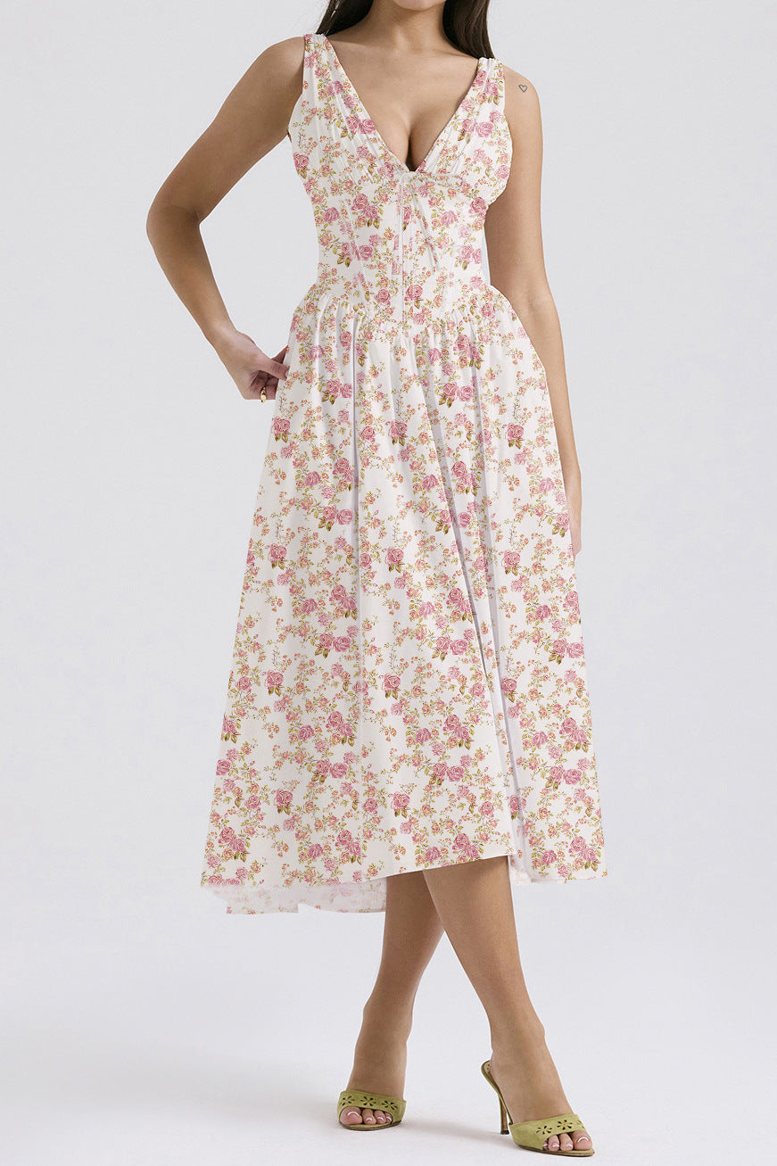 Variant image for Lena Ärmelloses Midi-Kleid V-Ausschnitt A-Line Blumendruck Damenkleid für Frühling und Sommer-37
